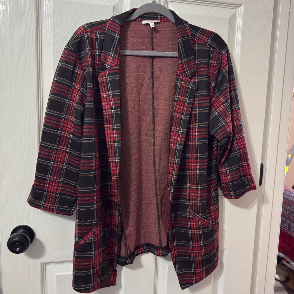 Maurices Red and Black Plaid Open-Front Blazer
